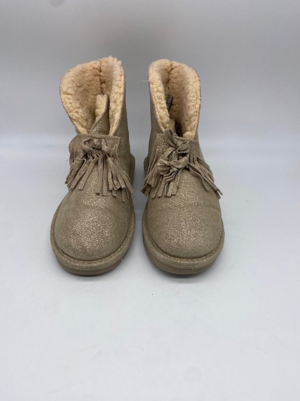 Bearpaw Christie Gold-Glitter Sheepskin Fringe Women's Winter Booties Size 7